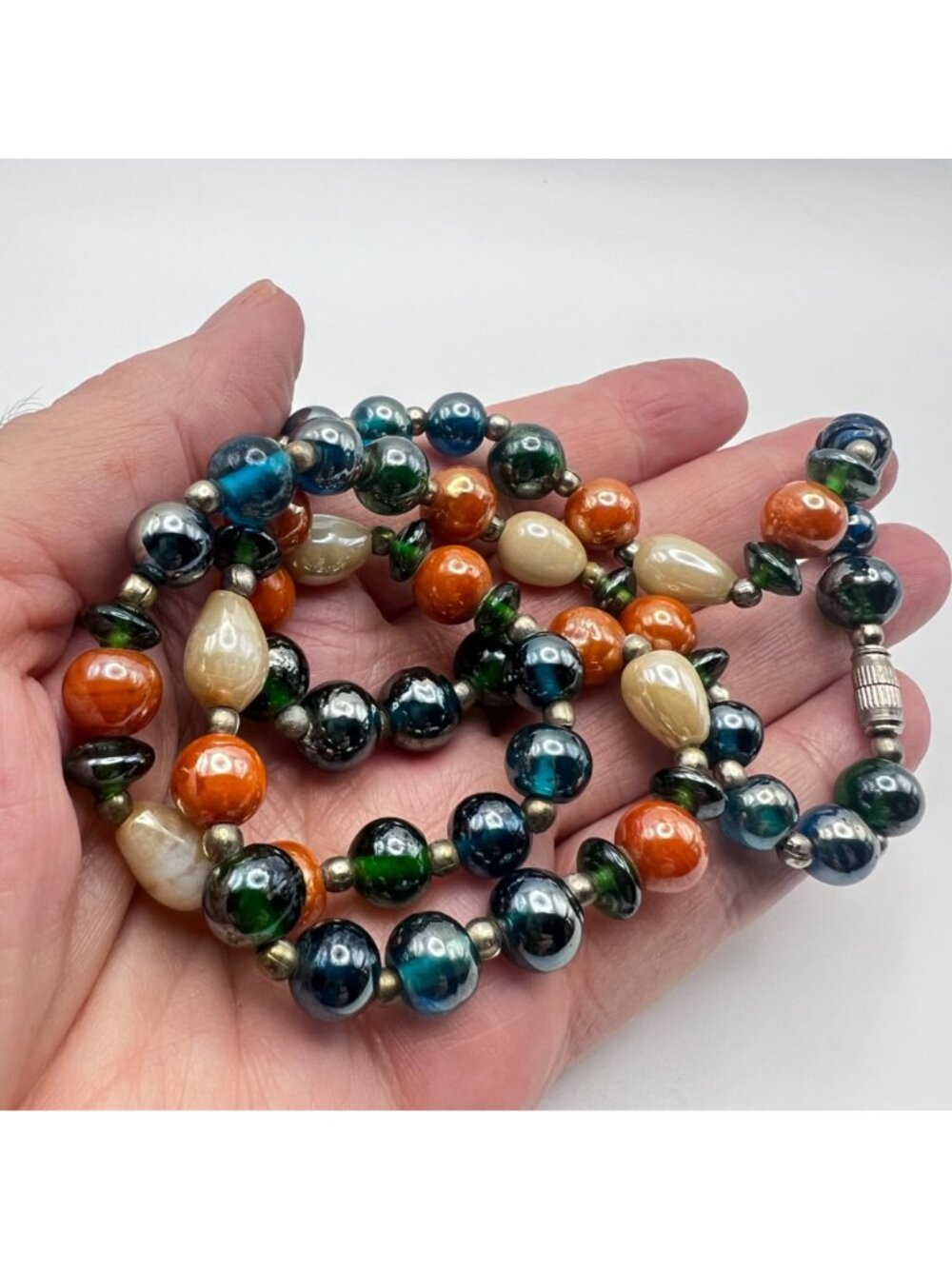 Vintage Glass Bead Necklace Blue Green Orange Cream Artisan 23" Barrel Clasp - Picture 2 of 8
